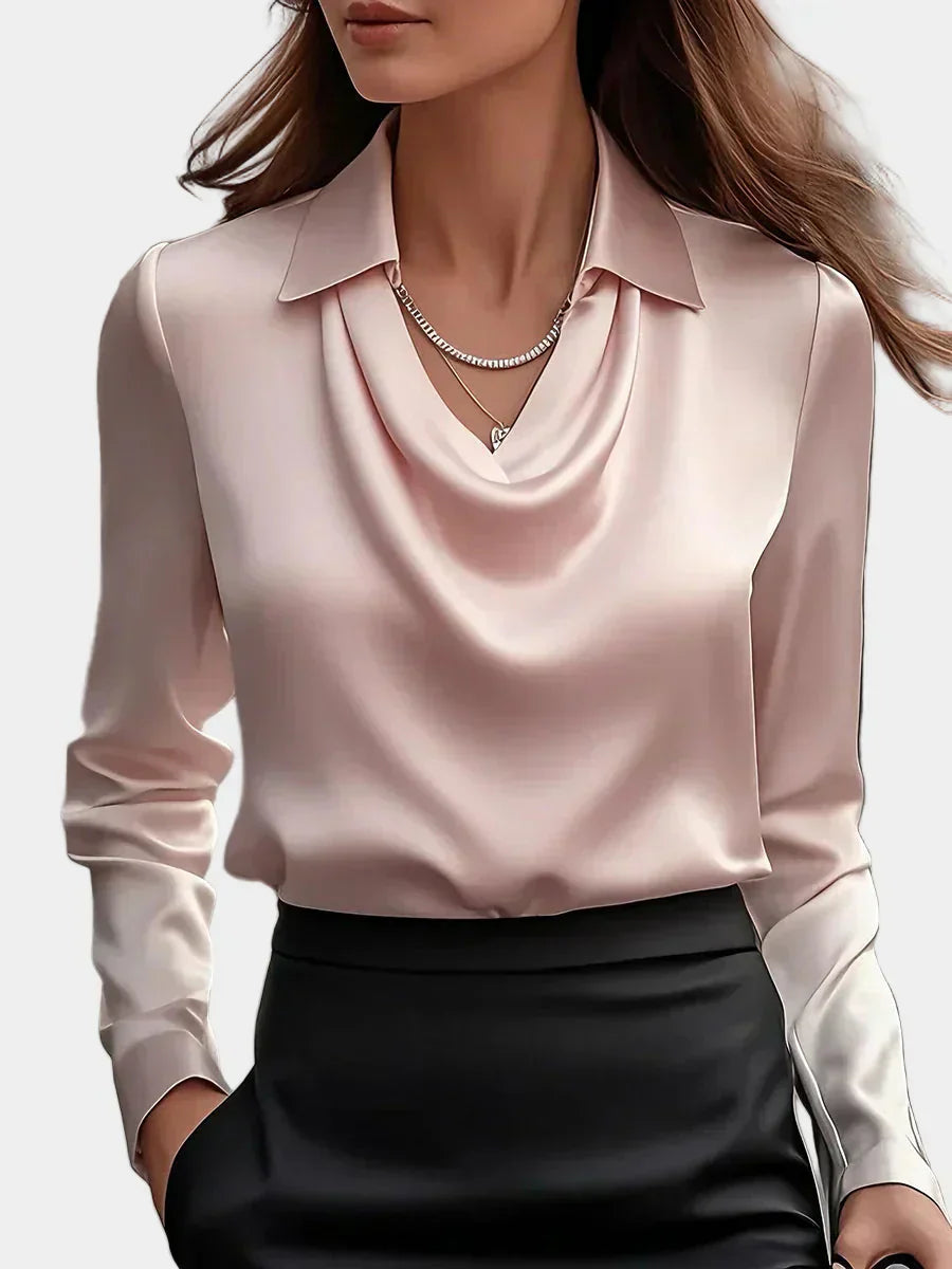 Cămașă Albă Satinată Elegantă cu Decolteu Drapat