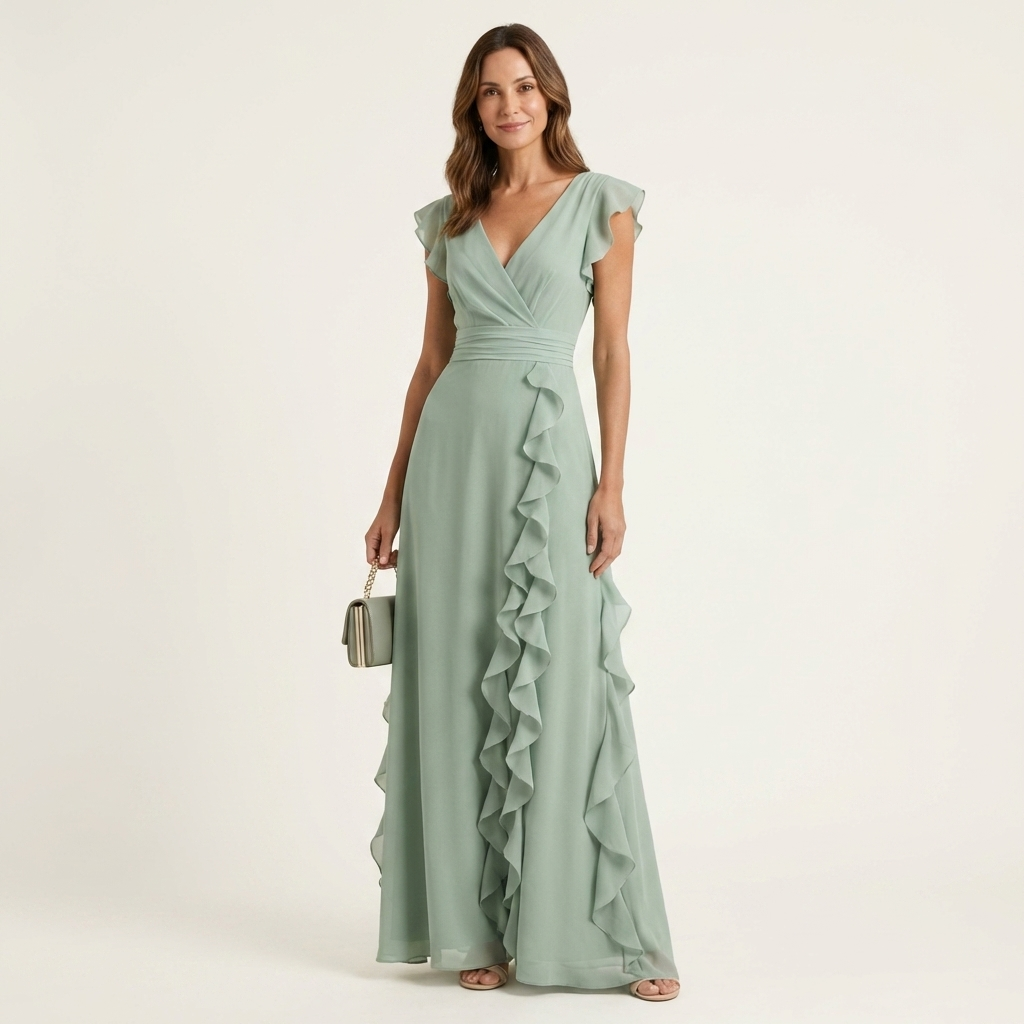 Adriana | Rochie Maxi cu Volane în Stil Wrap, Decolteu în V și Mâneci Flutter