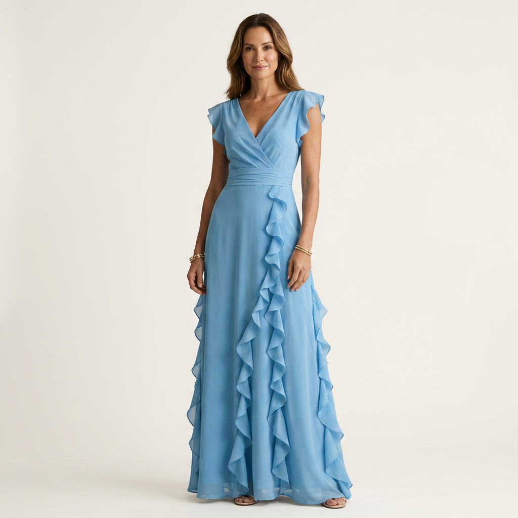 Adriana | Rochie Maxi cu Volane în Stil Wrap, Decolteu în V și Mâneci Flutter