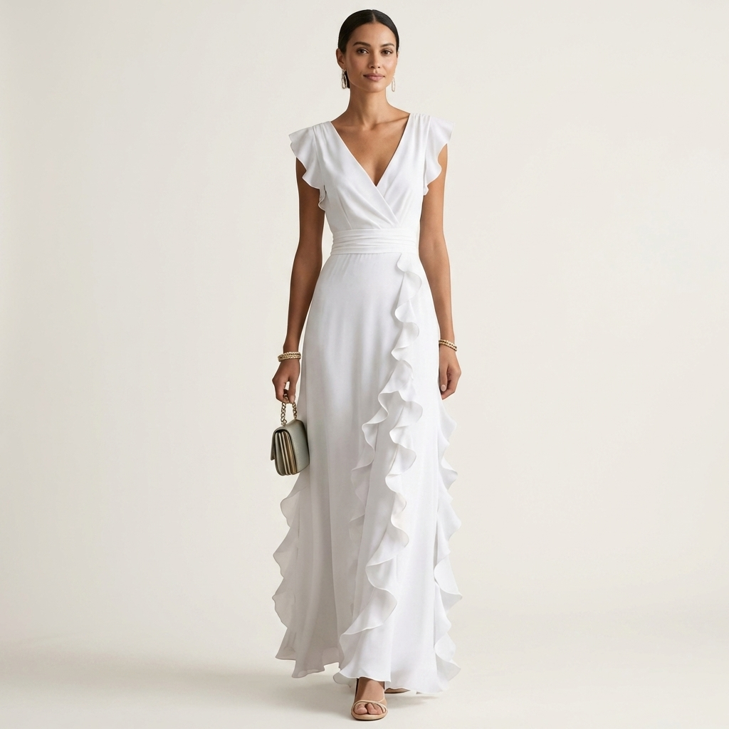 Adriana | Rochie Maxi cu Volane în Stil Wrap, Decolteu în V și Mâneci Flutter