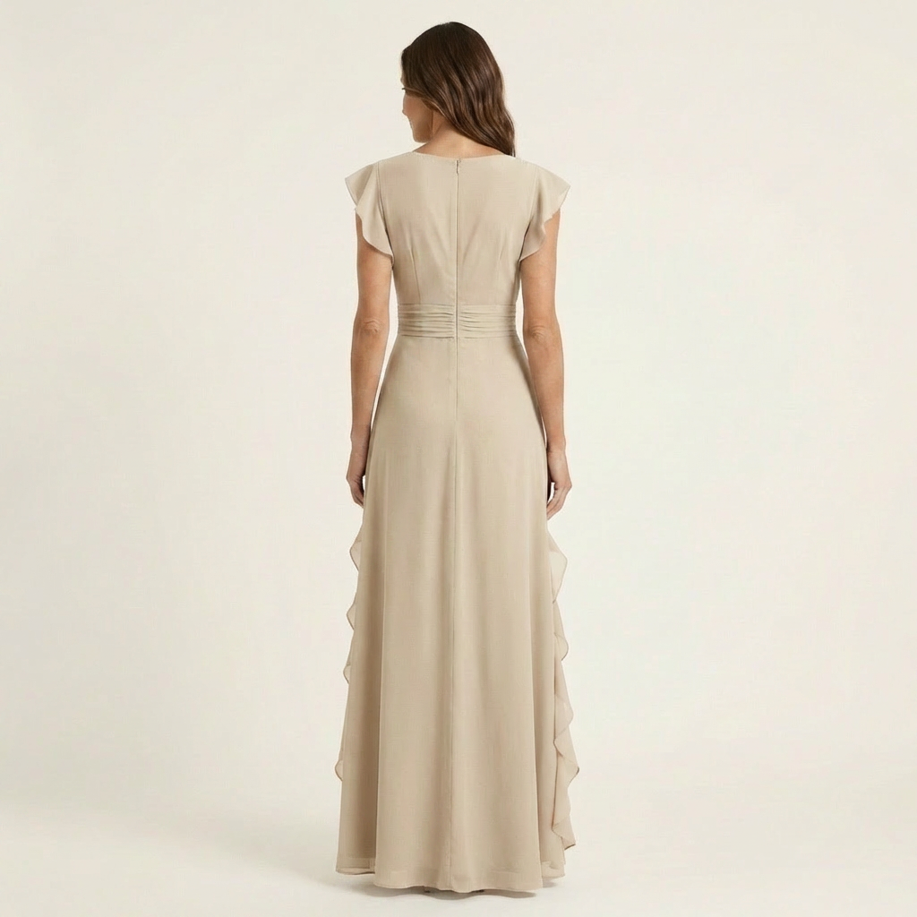 Adriana | Rochie Maxi cu Volane în Stil Wrap, Decolteu în V și Mâneci Flutter